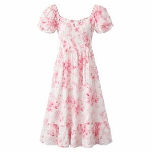 Lapogee Pink Floral Smocked Puff Sleeve Midi Dress Size XL Cotton Linen Pockets